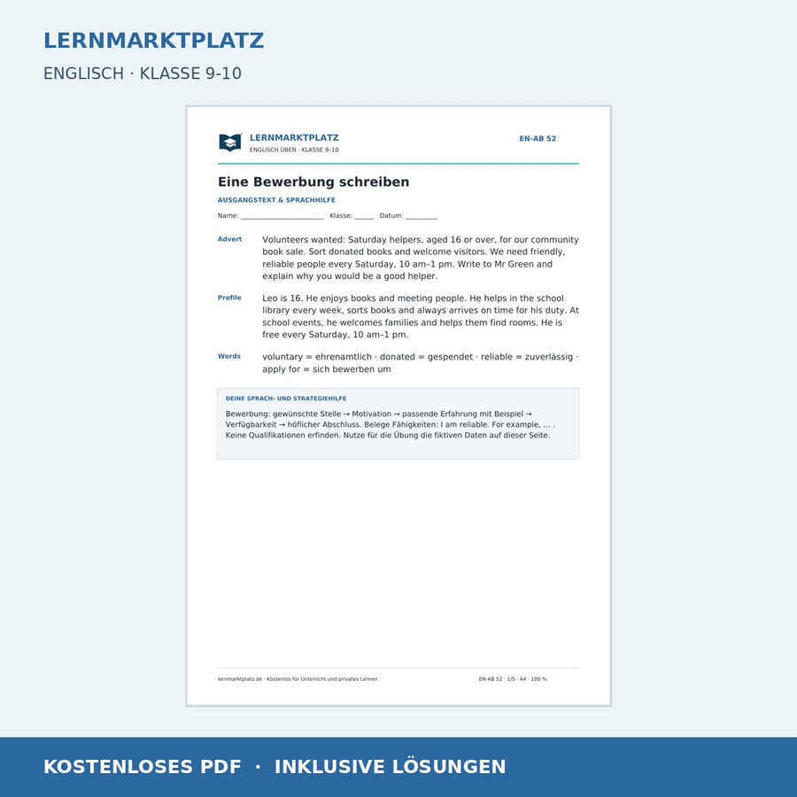 Eine Bewerbung auf Englisch schreiben - kostenloses Arbeitsblatt mit Lösungen als PDF