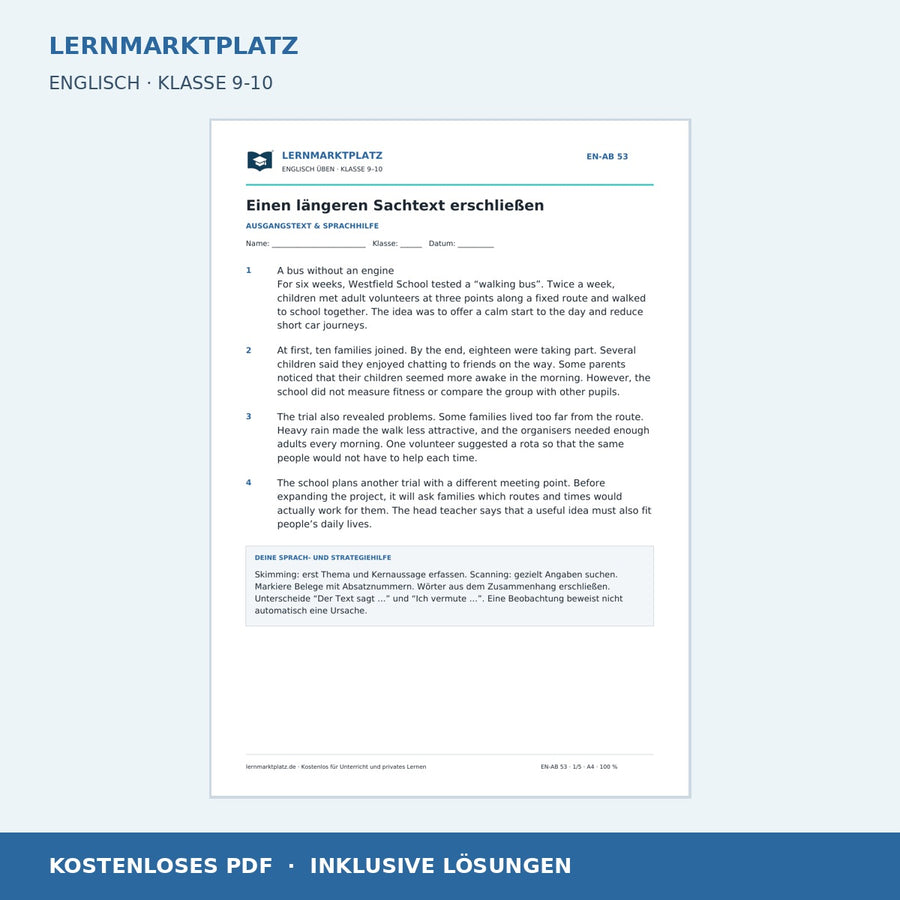 Einen längeren englischen Sachtext erschließen - kostenloses Arbeitsblatt mit Lösungen als PDF