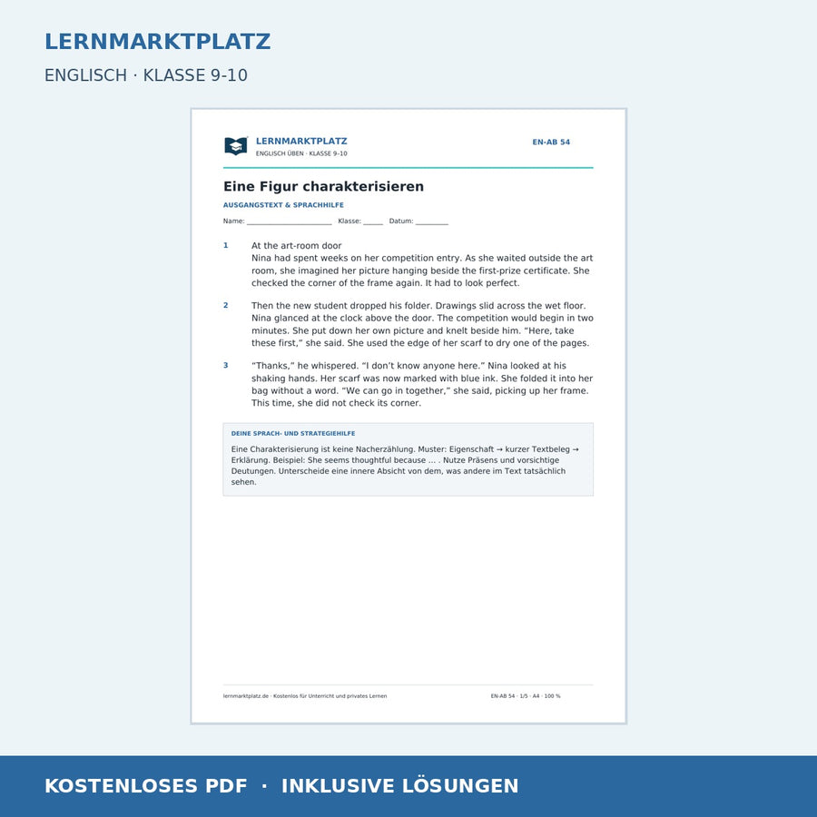 Eine Figur auf Englisch charakterisieren - kostenloses Arbeitsblatt mit Lösungen als PDF