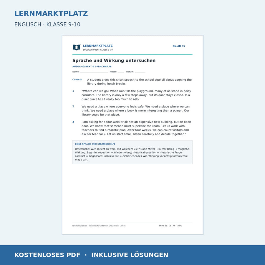 Englische Sprache und Wirkung untersuchen - kostenloses Arbeitsblatt mit Lösungen als PDF