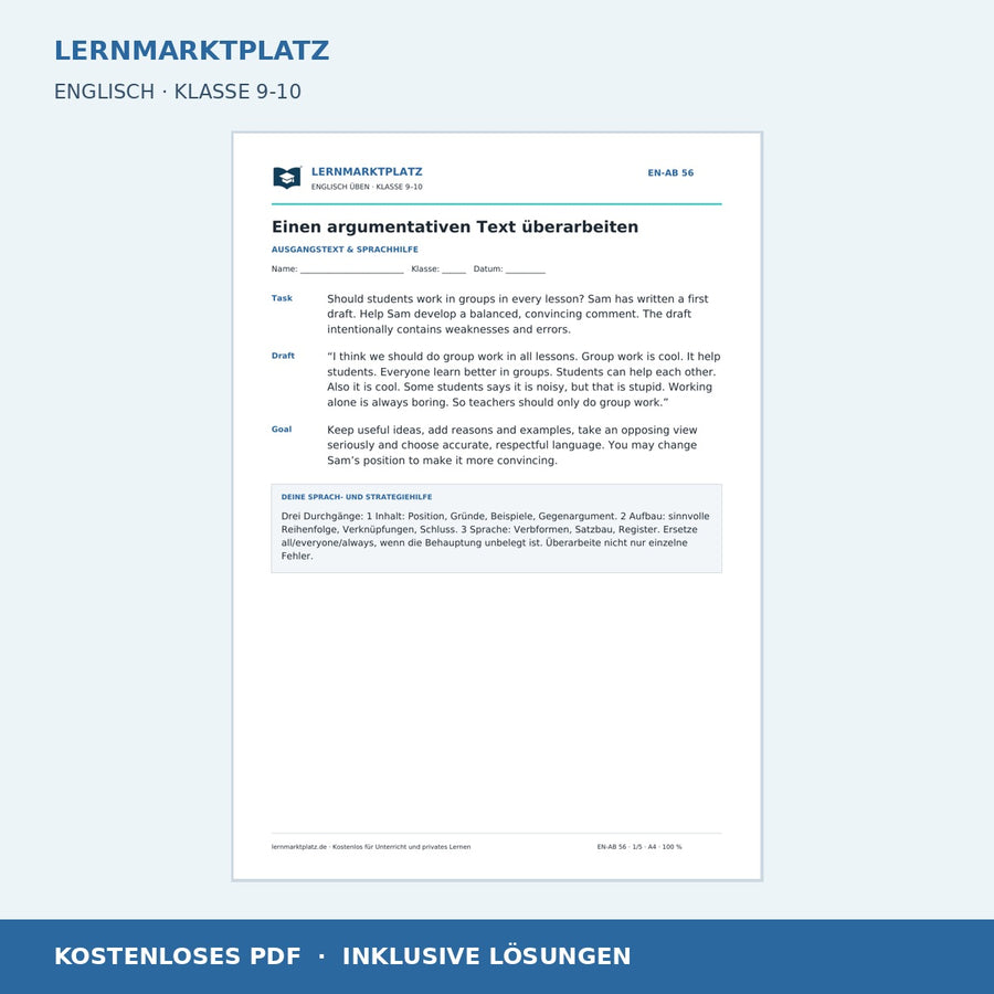 Einen argumentativen englischen Text überarbeiten - kostenloses Arbeitsblatt mit Lösungen als PDF