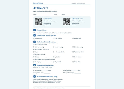 At the café – Basis: Englisch-Arbeitsblatt mit Hörtext per QR-Code und Lösungen