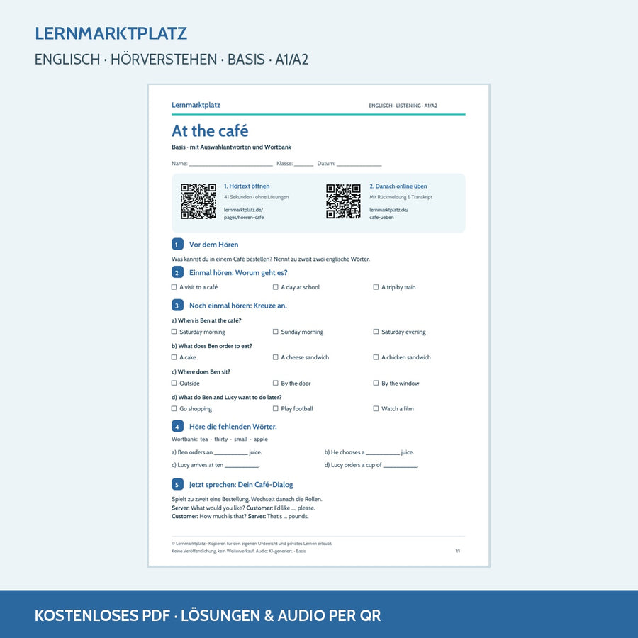 At the café – Basis: Englisch-Arbeitsblatt mit Hörtext per QR-Code und Lösungen