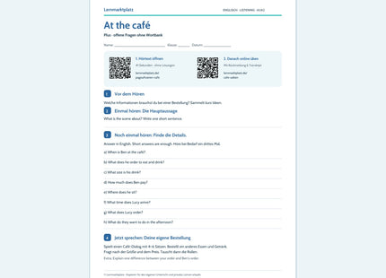 At the café – Plus: Englisch-Arbeitsblatt mit Hörtext per QR-Code und Lösungen