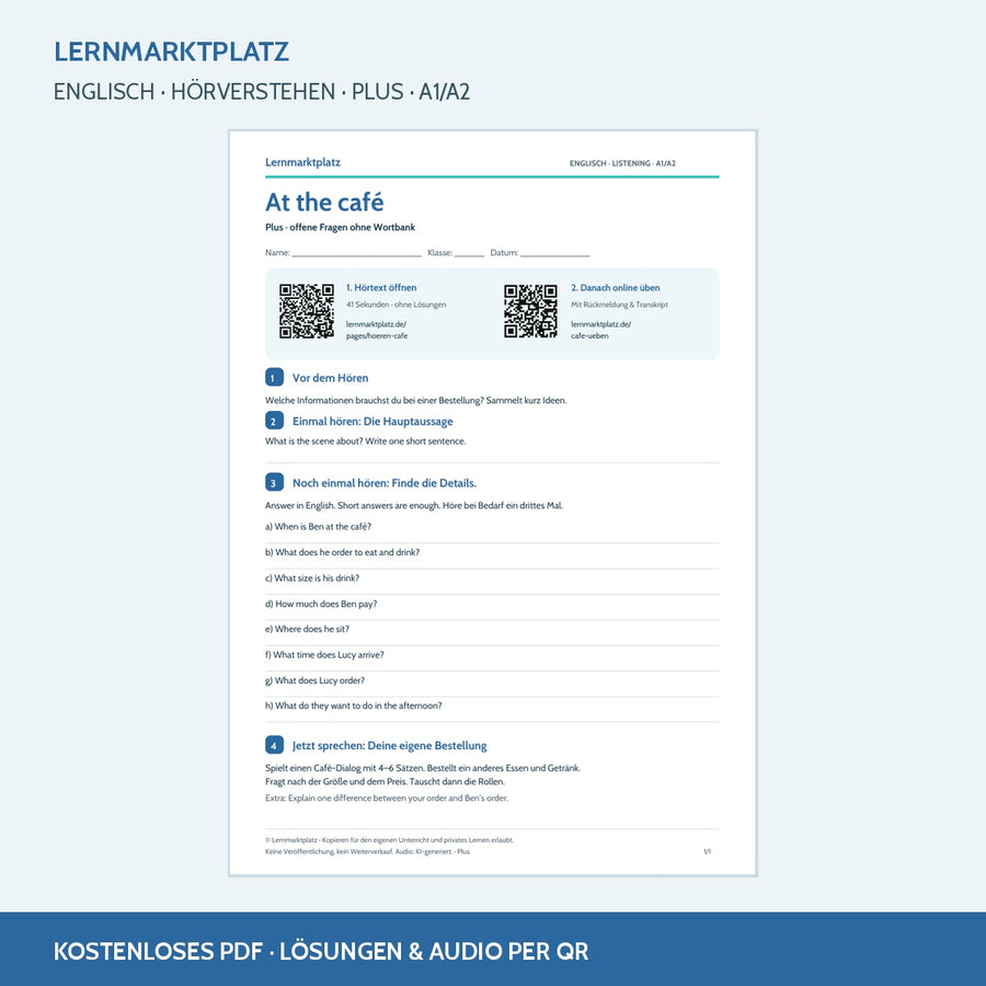 At the café – Plus: Englisch-Arbeitsblatt mit Hörtext per QR-Code und Lösungen