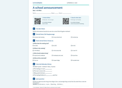 A school announcement – Basis: Englisch-Arbeitsblatt mit Audio per QR-Code und Lösungen