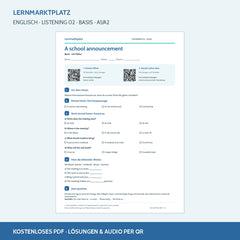 Englisch: A school announcement – Basis – kostenloses Hörverstehen-Arbeitsblatt mit Lösungen (PDF)