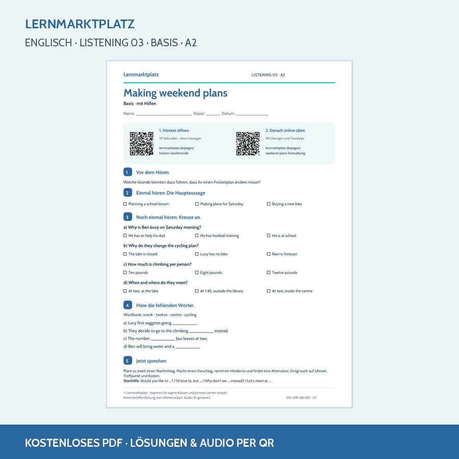 Making weekend plans – Basis: Englisch-Arbeitsblatt mit Audio per QR-Code und Lösungen