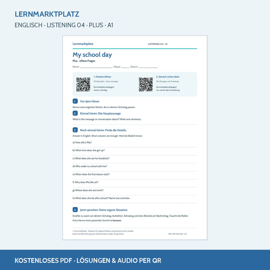 My school day – Plus Arbeitsblatt mit QR-Code und Lösungen