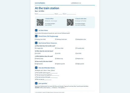 At the train station – Basis Arbeitsblatt mit QR-Code und Lösungen
