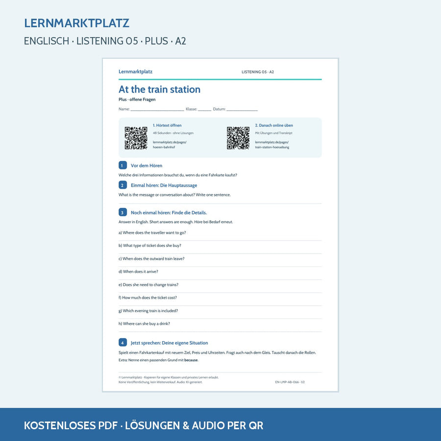 At the train station – Plus Arbeitsblatt mit QR-Code und Lösungen