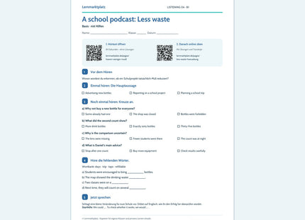 A school podcast: Less waste – Basis Arbeitsblatt mit QR-Code und Lösungen