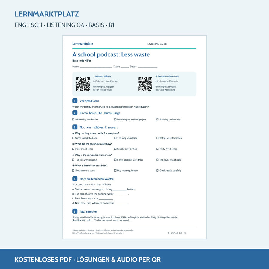 A school podcast: Less waste – Basis Arbeitsblatt mit QR-Code und Lösungen