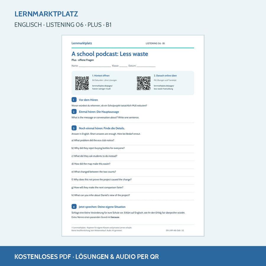A school podcast: Less waste – Plus Arbeitsblatt mit QR-Code und Lösungen