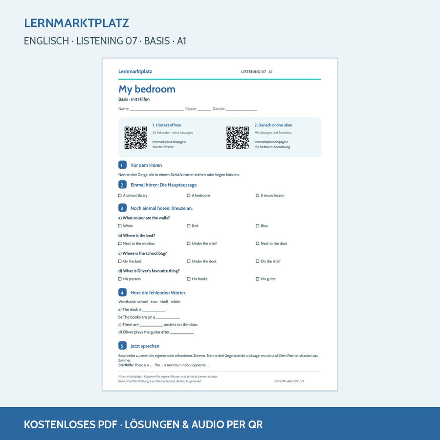 My bedroom – Basis Arbeitsblatt mit QR-Code und Lösungen
