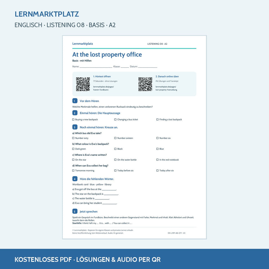 At the lost property office – Basis Arbeitsblatt mit QR-Code und Lösungen