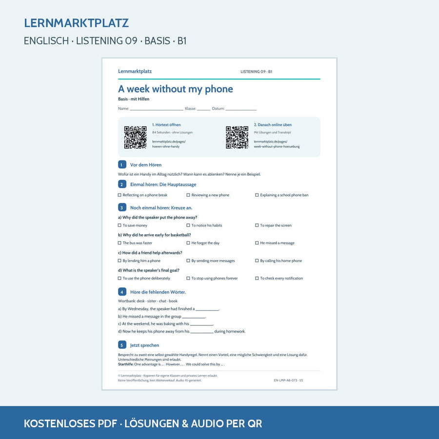 A week without my phone – Basis Arbeitsblatt mit QR-Code und Lösungen