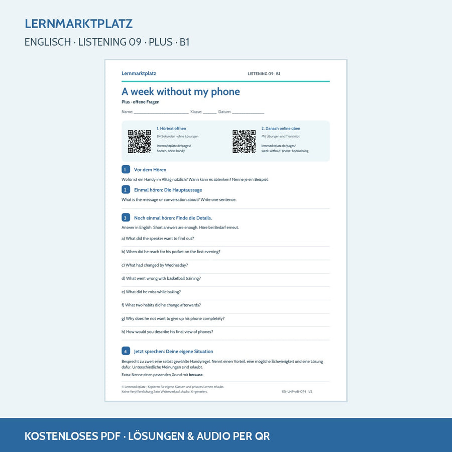 A week without my phone – Plus Arbeitsblatt mit QR-Code und Lösungen