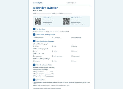 A birthday invitation – Basis Arbeitsblatt mit QR-Code und Lösungen