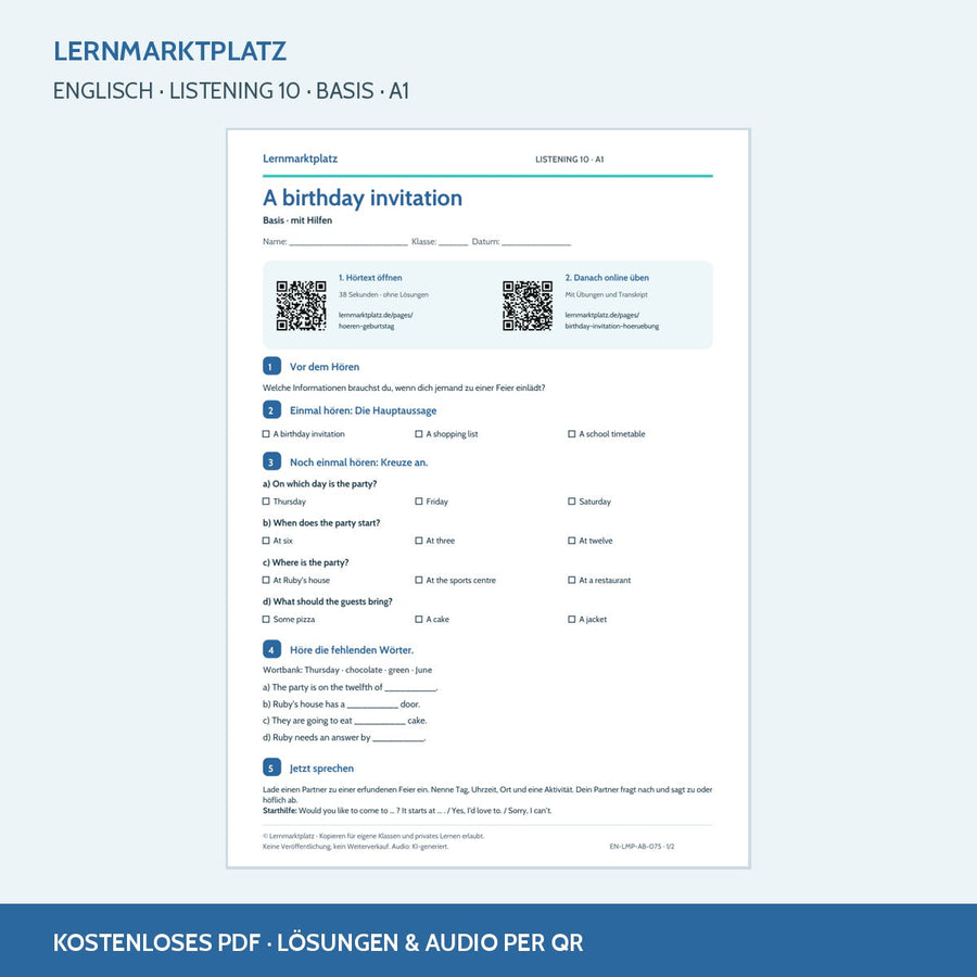 A birthday invitation – Basis Arbeitsblatt mit QR-Code und Lösungen