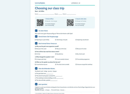 Choosing our class trip – Basis Arbeitsblatt mit QR-Code und Lösungen
