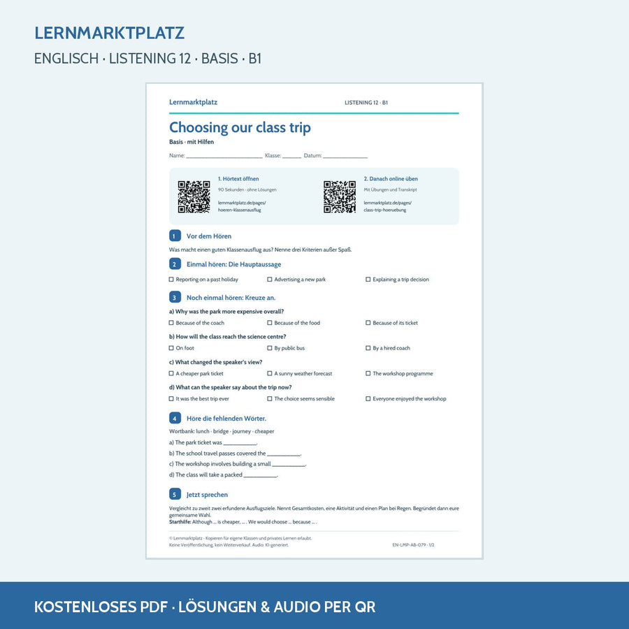 Choosing our class trip – Basis Arbeitsblatt mit QR-Code und Lösungen