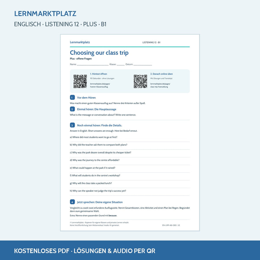 Choosing our class trip – Plus Arbeitsblatt mit QR-Code und Lösungen