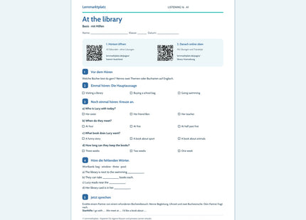 At the library – Basis Arbeitsblatt mit QR-Code und Lösungen