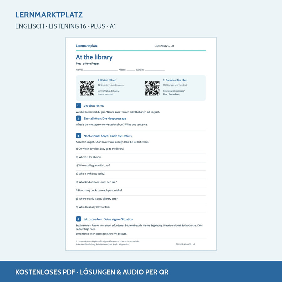 At the library – Plus Arbeitsblatt mit QR-Code und Lösungen