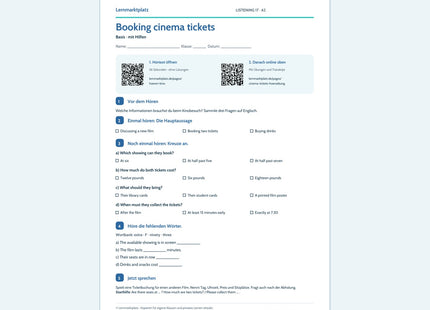 Booking cinema tickets – Basis Arbeitsblatt mit QR-Code und Lösungen