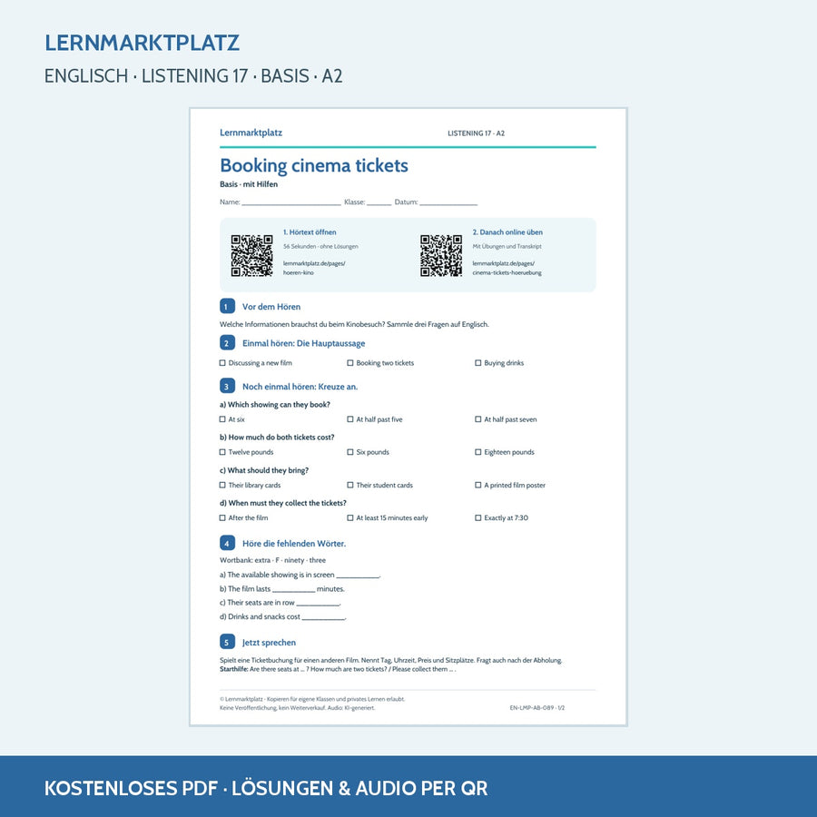 Booking cinema tickets – Basis Arbeitsblatt mit QR-Code und Lösungen