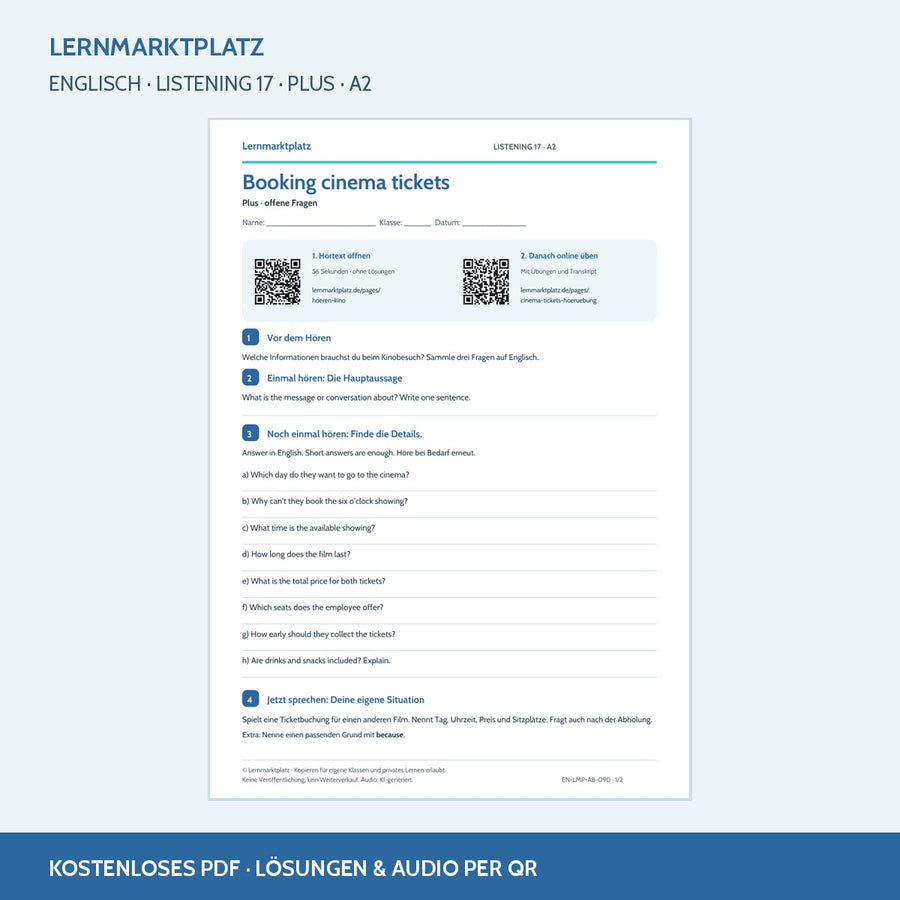 Booking cinema tickets – Plus Arbeitsblatt mit QR-Code und Lösungen
