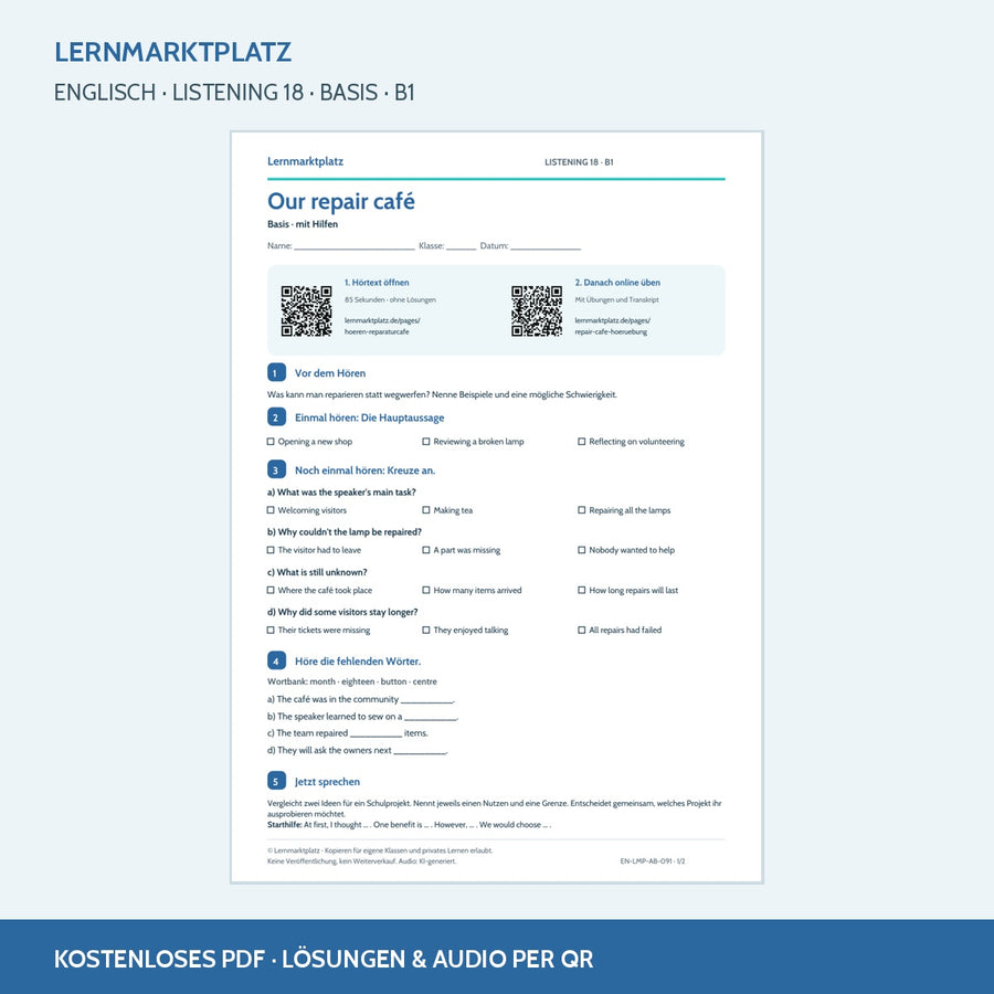 Our repair café – Basis Arbeitsblatt mit QR-Code und Lösungen