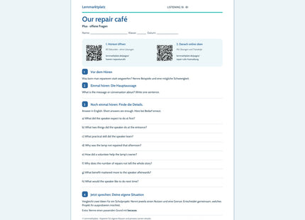 Our repair café – Plus Arbeitsblatt mit QR-Code und Lösungen