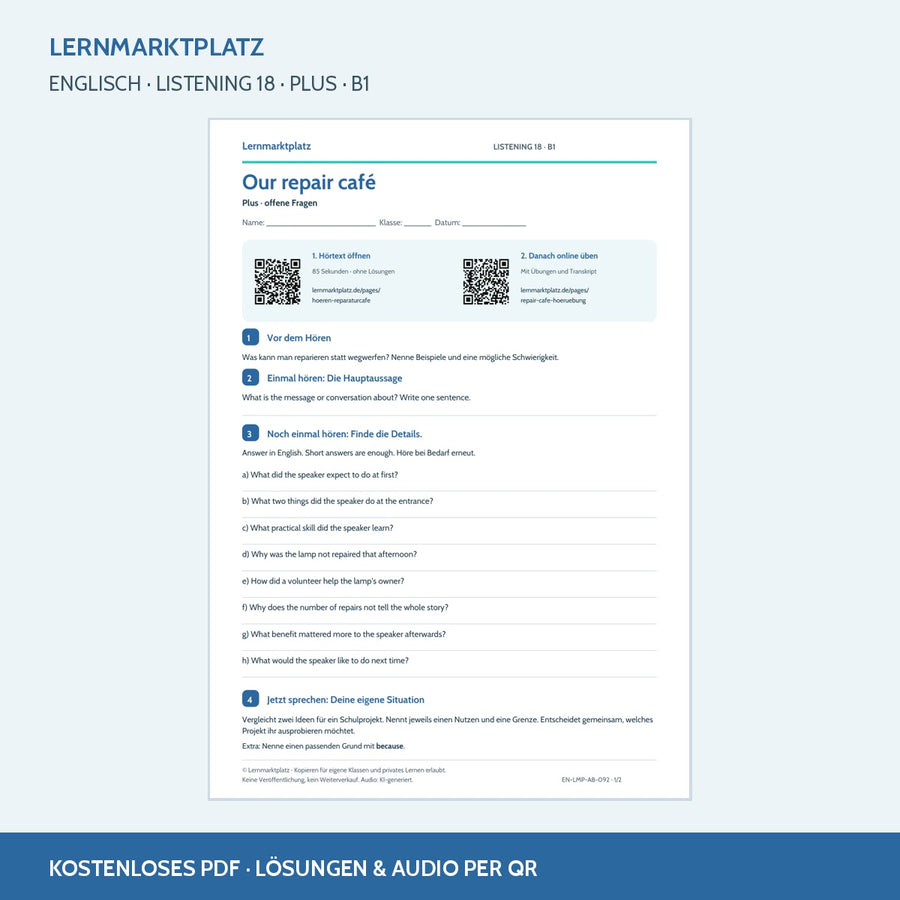 Our repair café – Plus Arbeitsblatt mit QR-Code und Lösungen