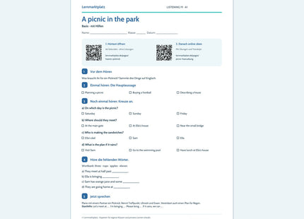 A picnic in the park – Basis, A1; Arbeitsblatt mit QR-Codes