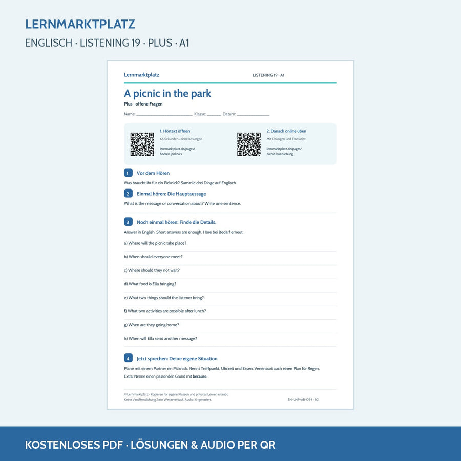 A picnic in the park – Plus, A1; Arbeitsblatt mit QR-Codes