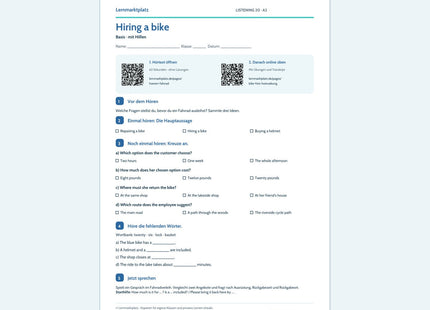 Hiring a bike – Basis, A2; Arbeitsblatt mit QR-Codes