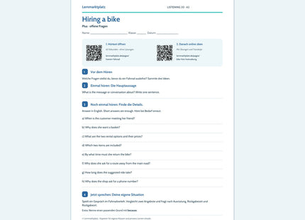 Hiring a bike – Plus, A2; Arbeitsblatt mit QR-Codes