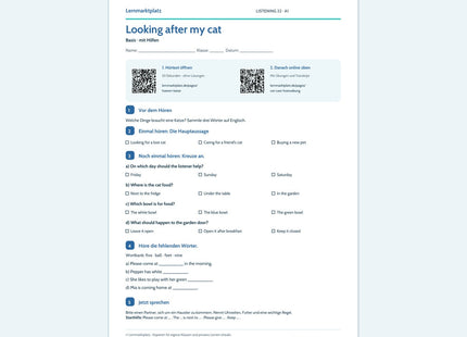 Looking after my cat – Basis, A1; Arbeitsblatt mit QR-Codes