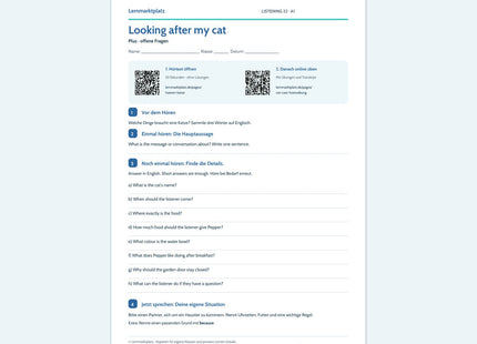 Looking after my cat – Plus, A1; Arbeitsblatt mit QR-Codes