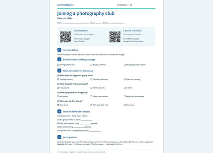 Joining a photography club – Basis, A2; Arbeitsblatt mit QR-Codes