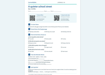 A quieter school street – Basis, B1; Arbeitsblatt mit QR-Codes