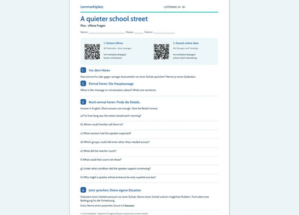 A quieter school street – Plus, B1; Arbeitsblatt mit QR-Codes