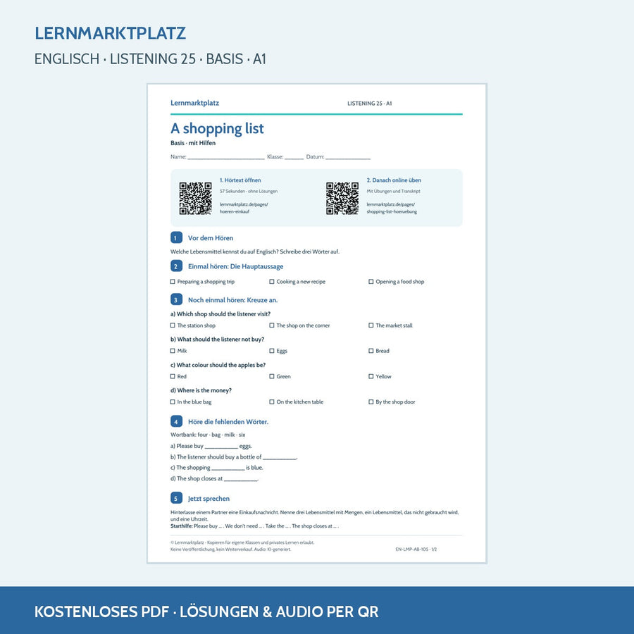 A shopping list – Basis, A1; Arbeitsblatt mit QR-Codes