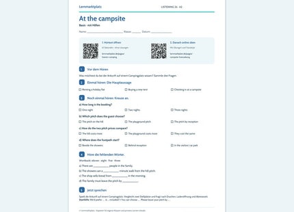 At the campsite – Basis, A2; Arbeitsblatt mit QR-Codes