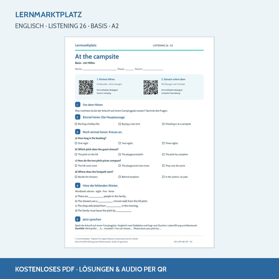 At the campsite – Basis, A2; Arbeitsblatt mit QR-Codes