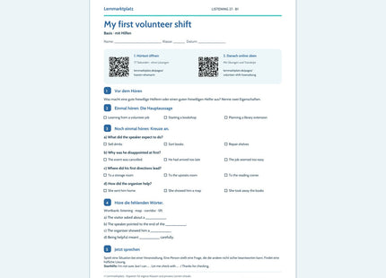 My first volunteer shift – Basis, B1; Arbeitsblatt mit QR-Codes