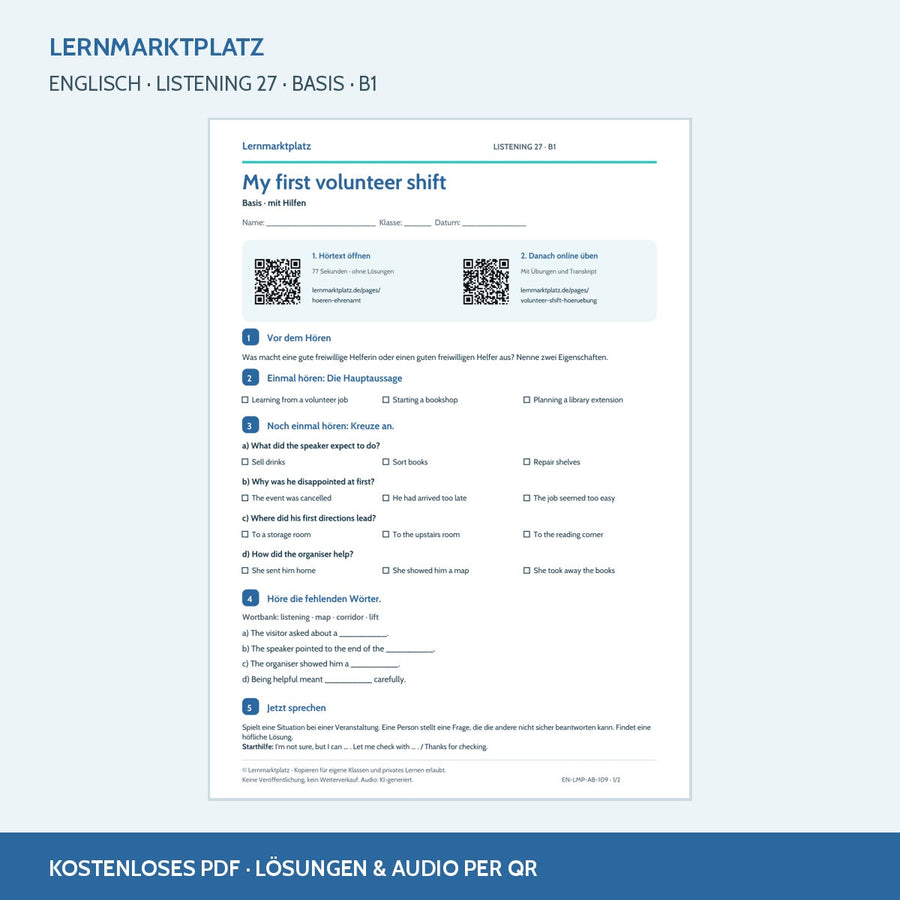 My first volunteer shift – Basis, B1; Arbeitsblatt mit QR-Codes
