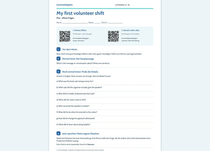 My first volunteer shift – Plus, B1; Arbeitsblatt mit QR-Codes